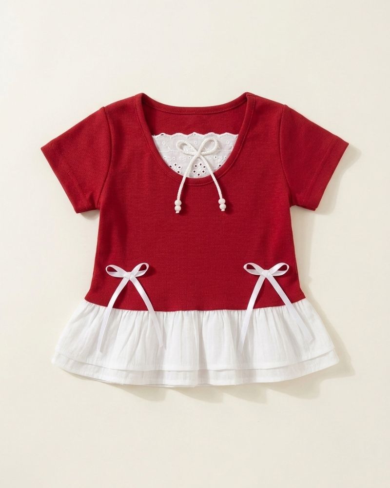 Cherry Blossom Bow-Accent Layered Tee