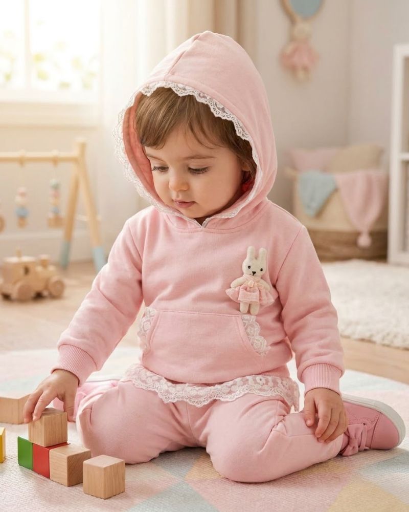Sweet Pink Lace-Trim Tracksuit Set